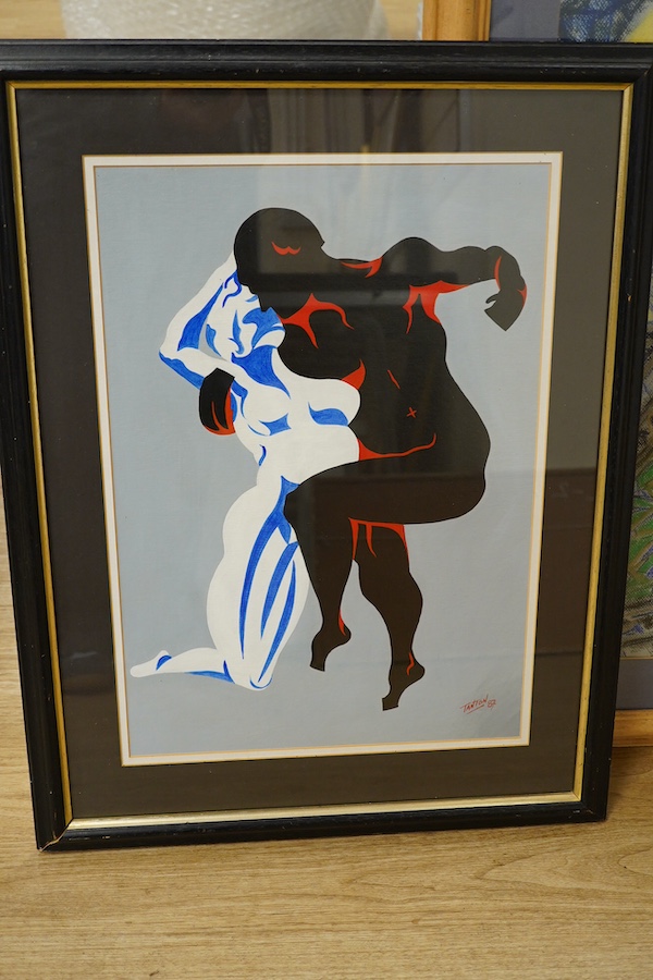 Three works to include: Tanton, two figures, signed and dated '87 and an abstract figural pastel, indistinctly signed, largest 61 x 45cm